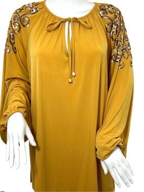 Susan Graver Mustard Tunic with Sequin Embellished Shoulders